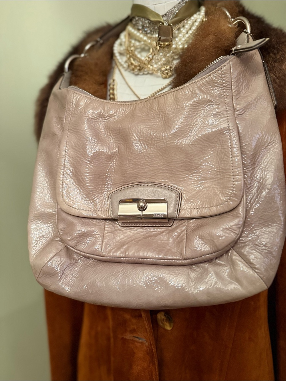 Coach Kristin Mushroom Crinkled Patent Leather Hobo Bag #19299